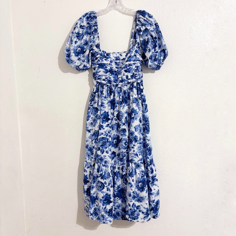 Abercrombie & Fitch Emerson Short‎ Puff Sleeve Midi Dress in Blue & White Floral